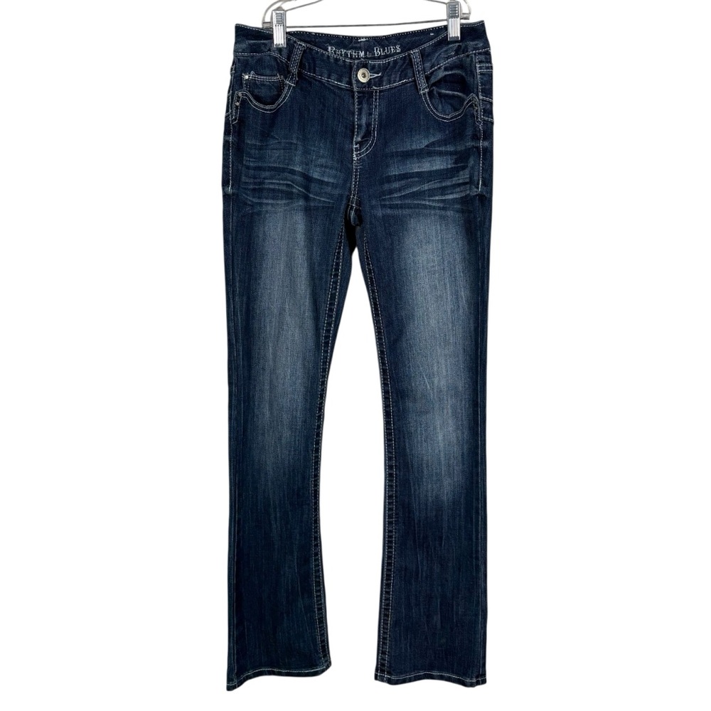 Rhythm In Blues Y2K Low Rise Embroidered Rhinestone Dark Wash Bootcut Jeans 4